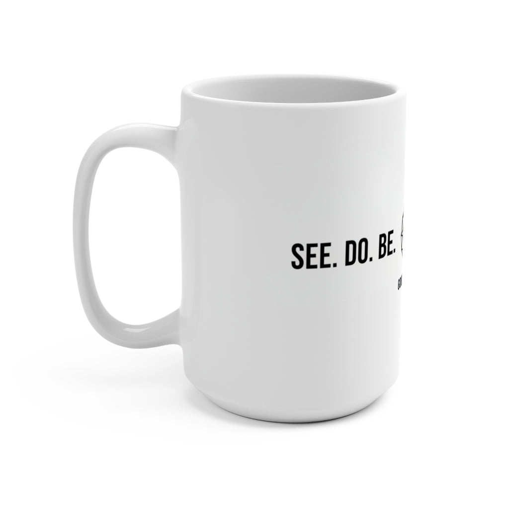 SEE. DO. BE. Love Is Universal 15oz Ceramic Mug — Diamond Globe Heart Wrap Design | Good Life Goods