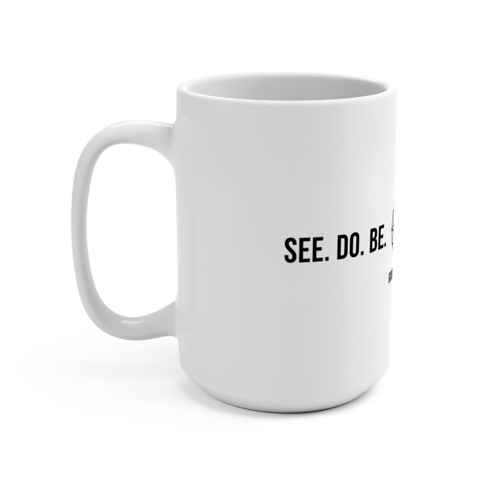 SEE. DO. BE. Love Is Universal 15oz Ceramic Mug — Diamond Globe Heart Wrap Design | Good Life Goods
