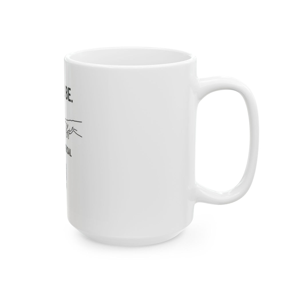 SEE. DO. BE. Love Is Universal Ceramic Mug — Two Hands Globe Heart QR Code Coffee Cup