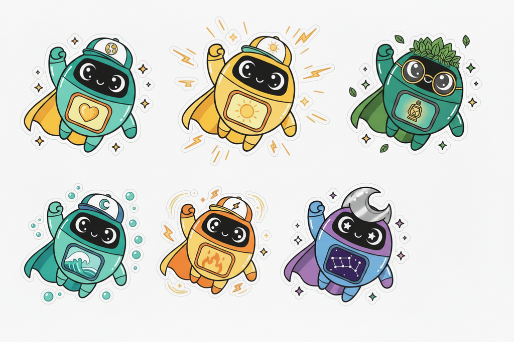 Cute Goody Hero Crew Sticker Sheet — Colorful Kawaii Robots for Planners & Scrapbooking