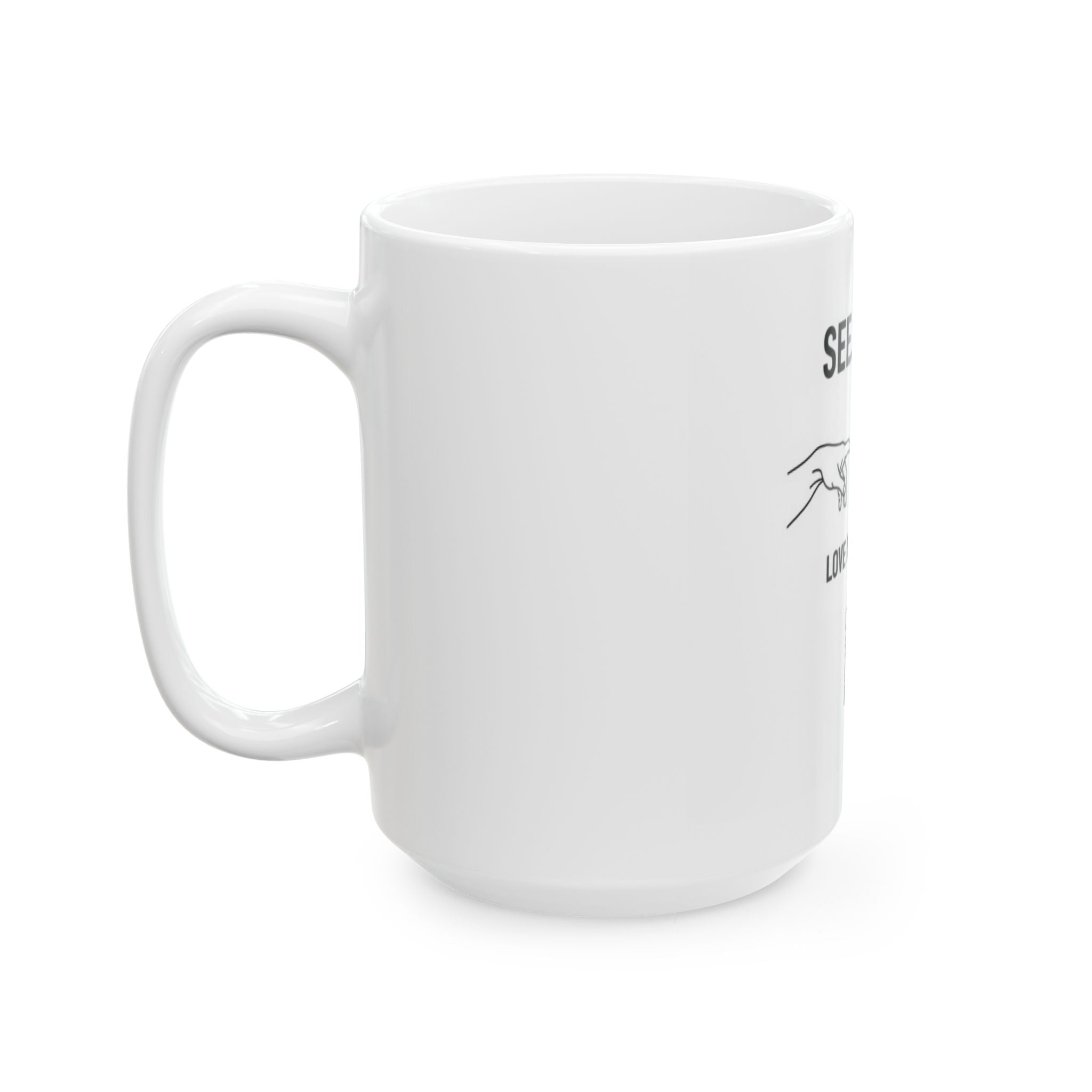 SEE. DO. BE. Love Is Universal Ceramic Mug — Two Hands Globe Heart QR Code Coffee Cup