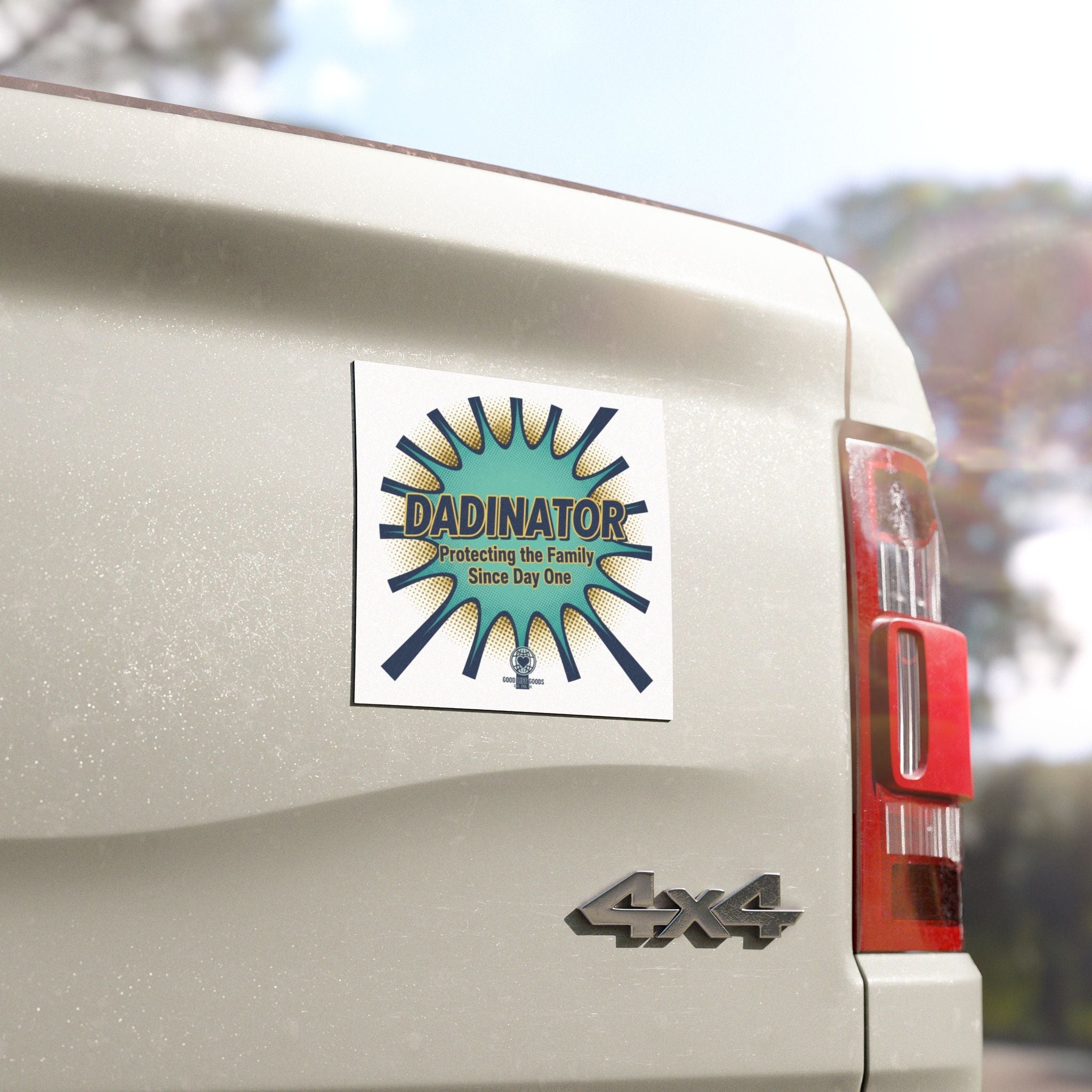 Dadinator Car Magnet — “Protecting the Family Since Day One” Retro Comic Badge - Good Life Goods
