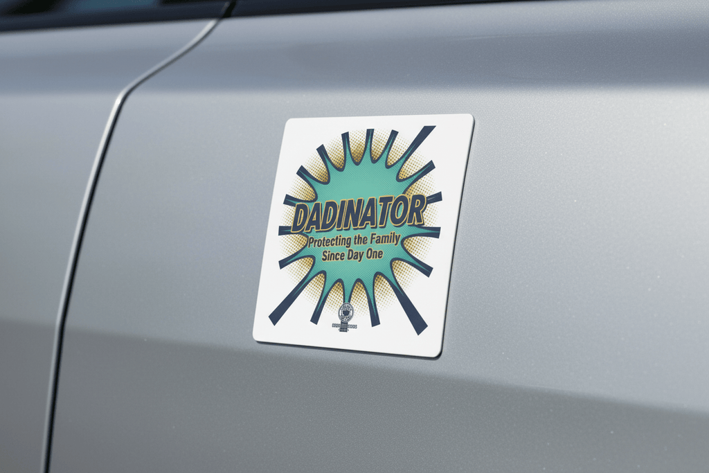 Dadinator Car Magnet — Protecting the Family Since Day One Retro Comic Badge - Good Life Goods