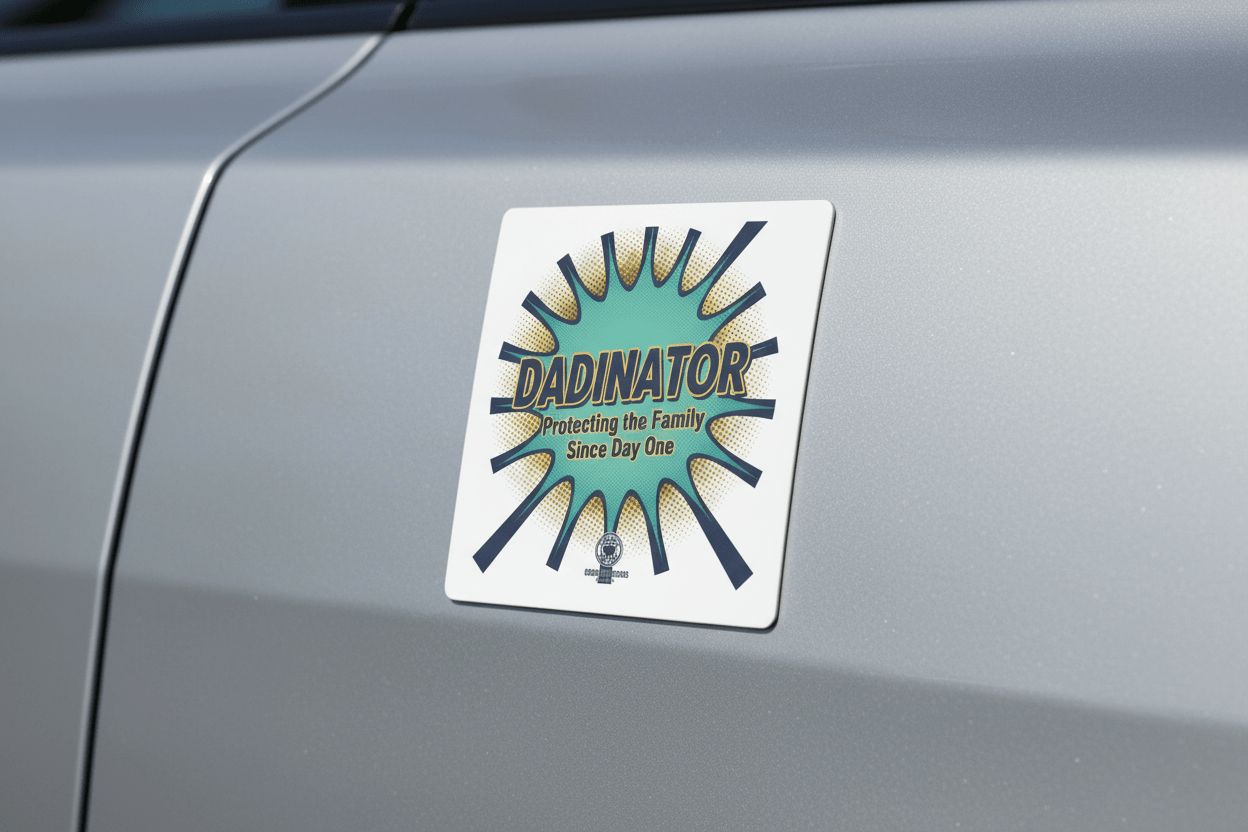 Dadinator Car Magnet — Protecting the Family Since Day One Retro Comic Badge - Good Life Goods