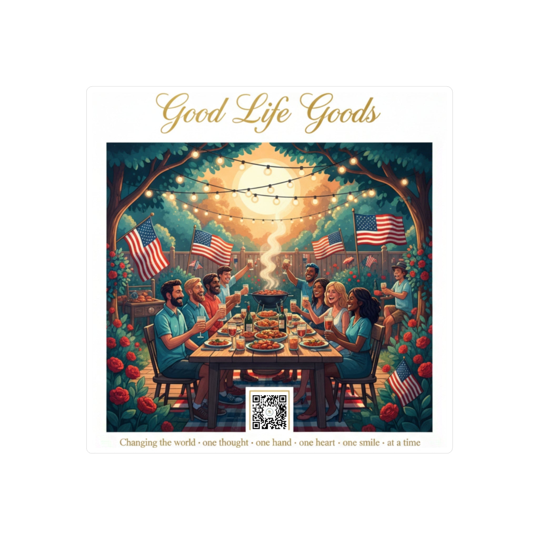 Good Life Goods Vinyl Sticker — Patriotic Backyard BBQ Dinner Scene Kiss‑Cut Decal - Good Life Goods