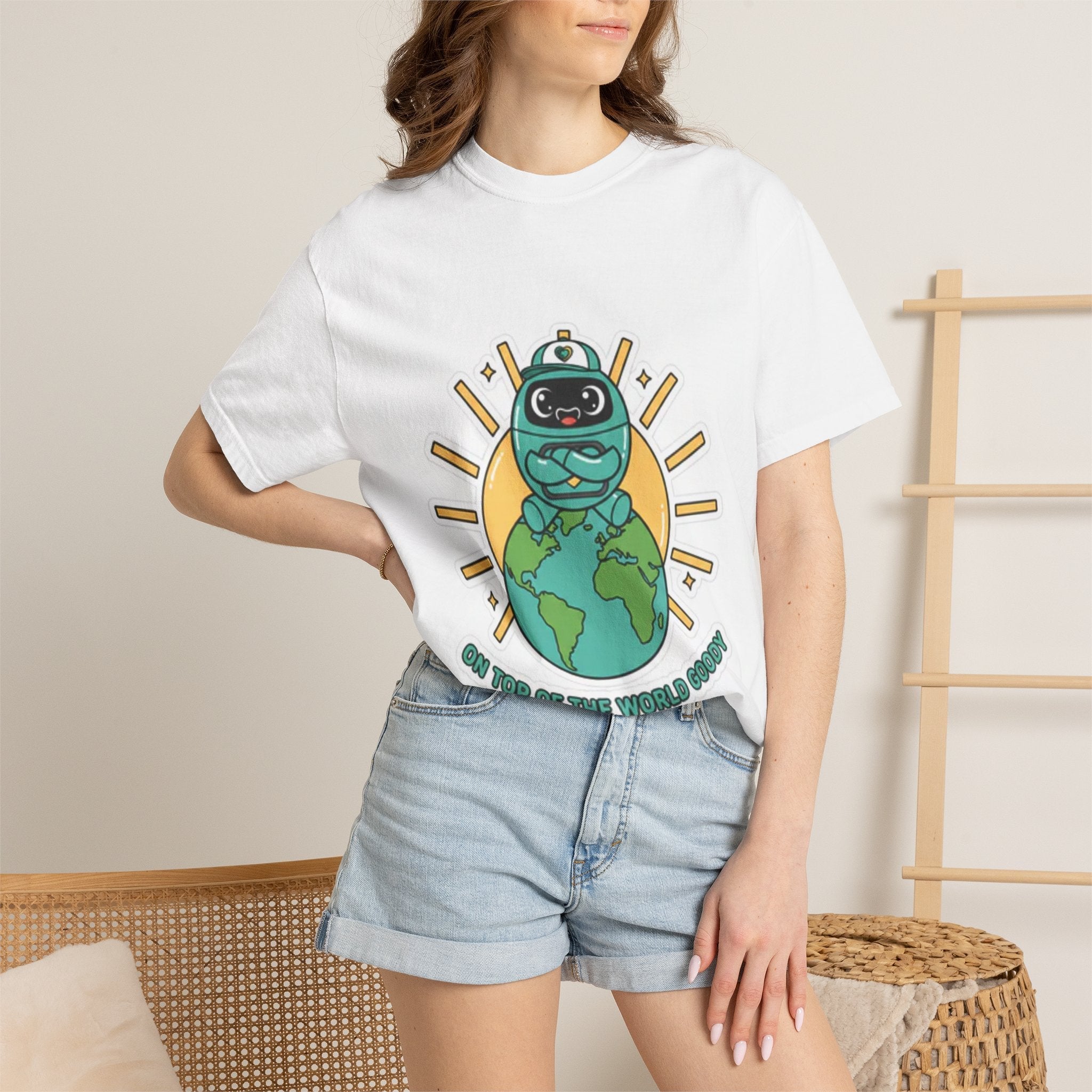 Goody On Top of the World Adult T-Shirt | Goody Universe Robot Graphic Tee - Good Life Goods