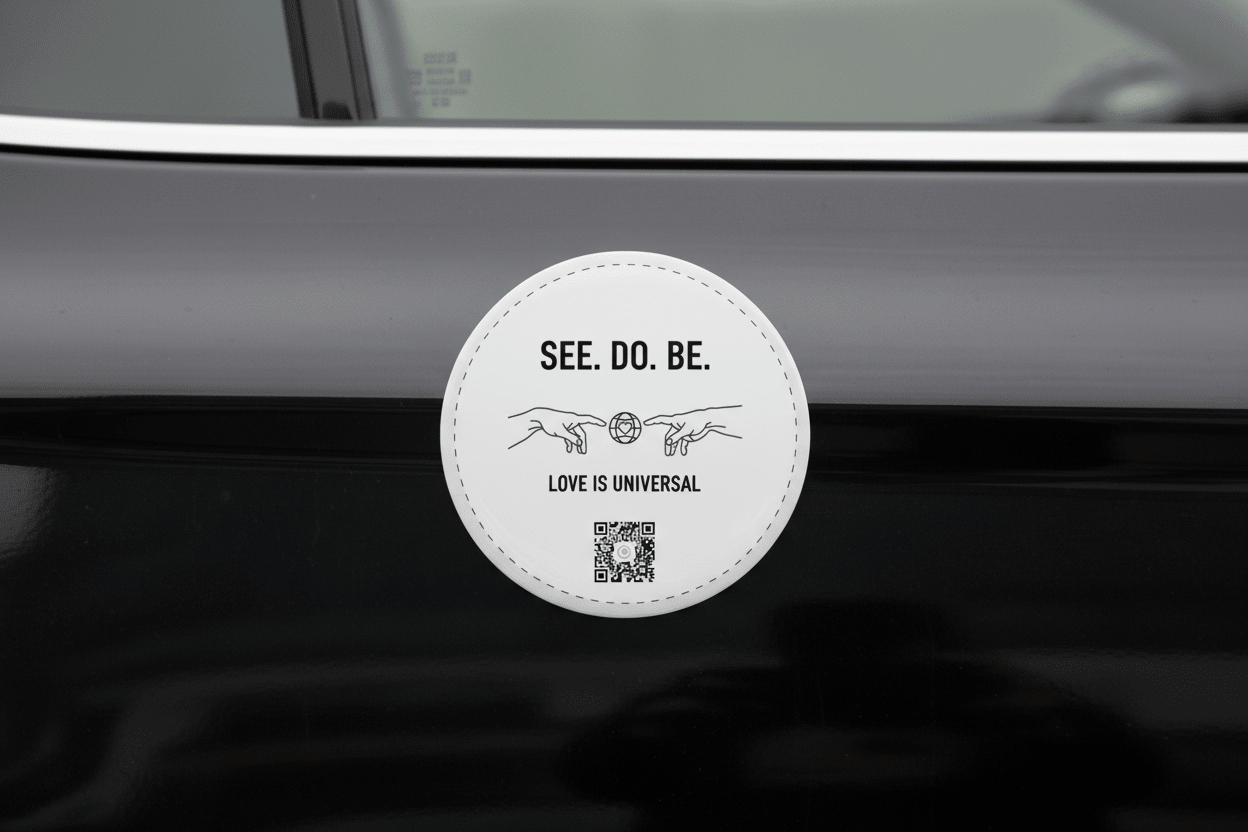 Round Car Magnet — “SEE. DO. BE. LOVE IS UNIVERSAL” Minimalist Inspirational Car Decal - Good Life Goods