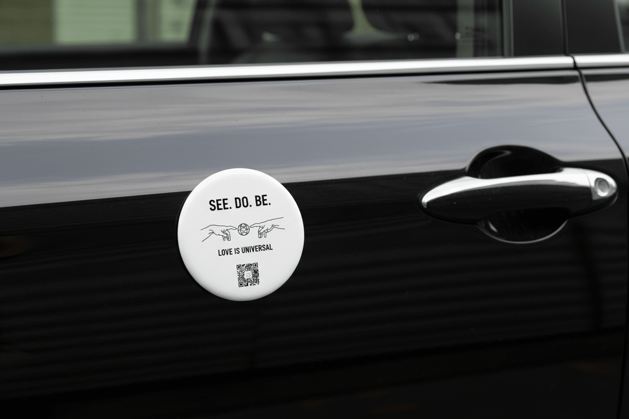 Round Car Magnet — “SEE. DO. BE. LOVE IS UNIVERSAL” Minimalist Inspirational Car Decal - Good Life Goods