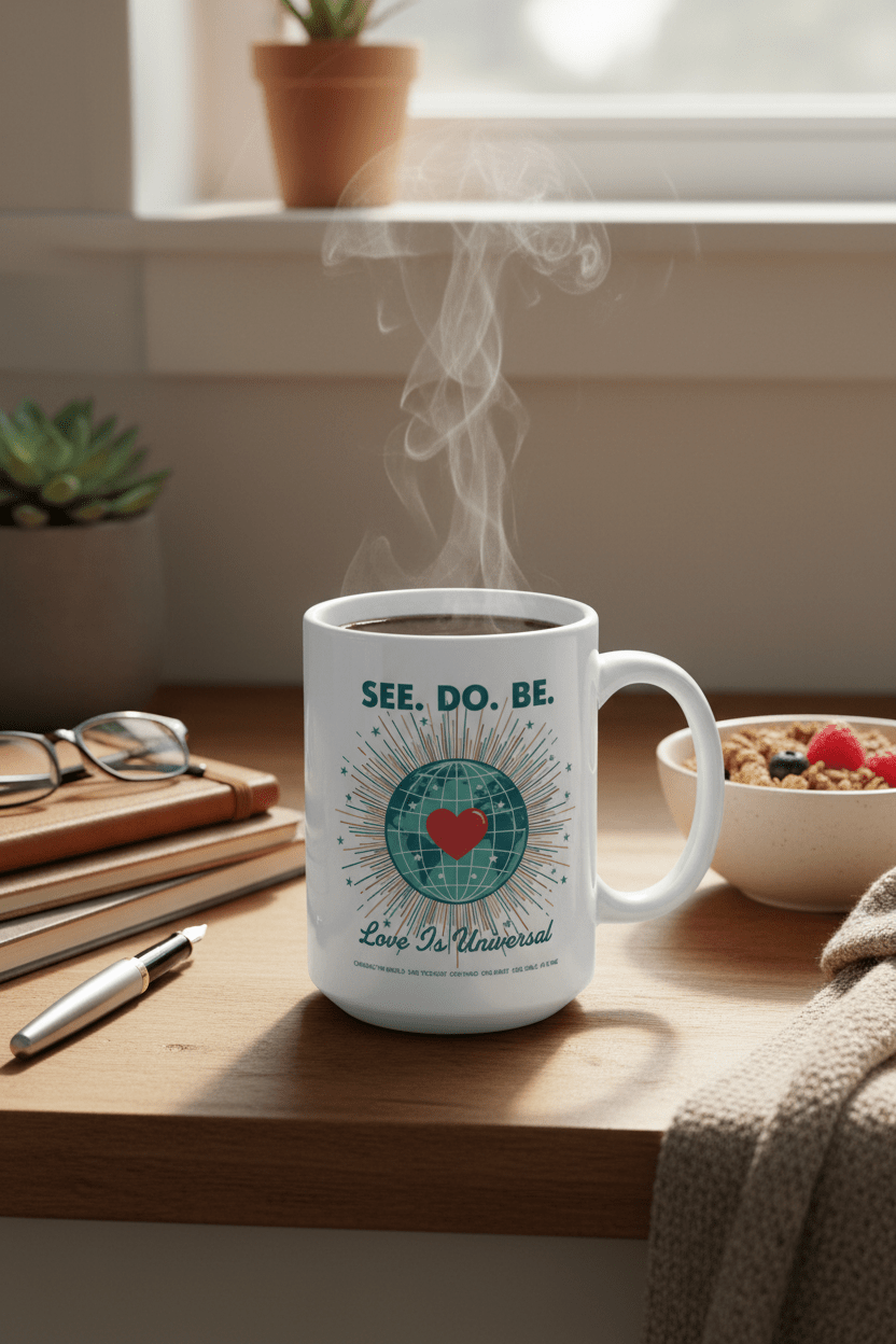 See. Do. Be. 15oz Ceramic Mug — Love Is Universal Globe Heart Design - Good Life Goods