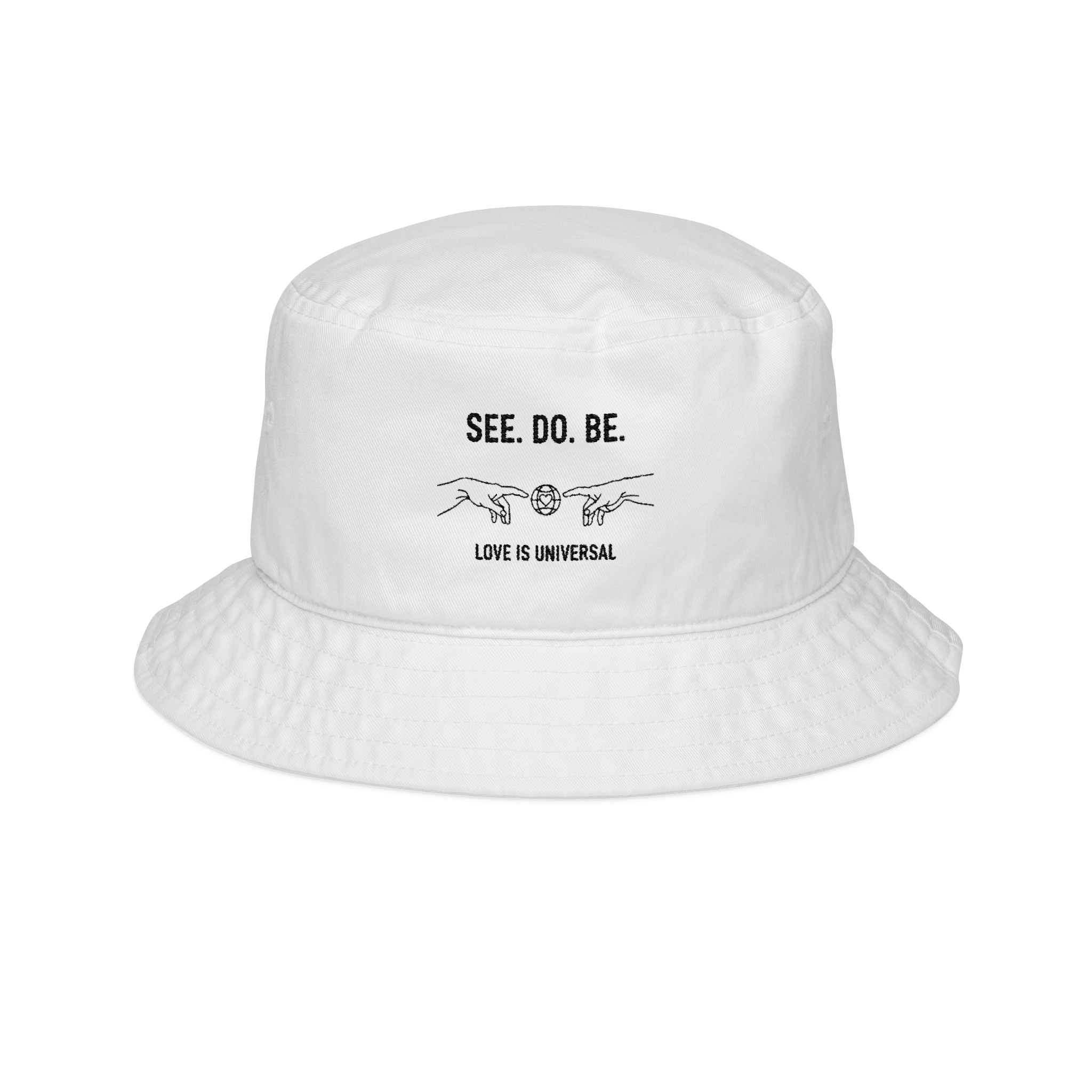 SEE. DO. BE. Embroidered Bucket Hat — Minimalist Dove Design, 'Love Is Universal' - Good Life Goods