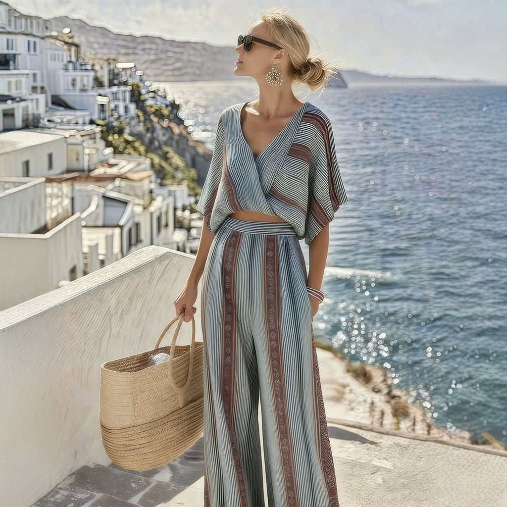 Striped V - Neck Casual Set - Good Life Goods