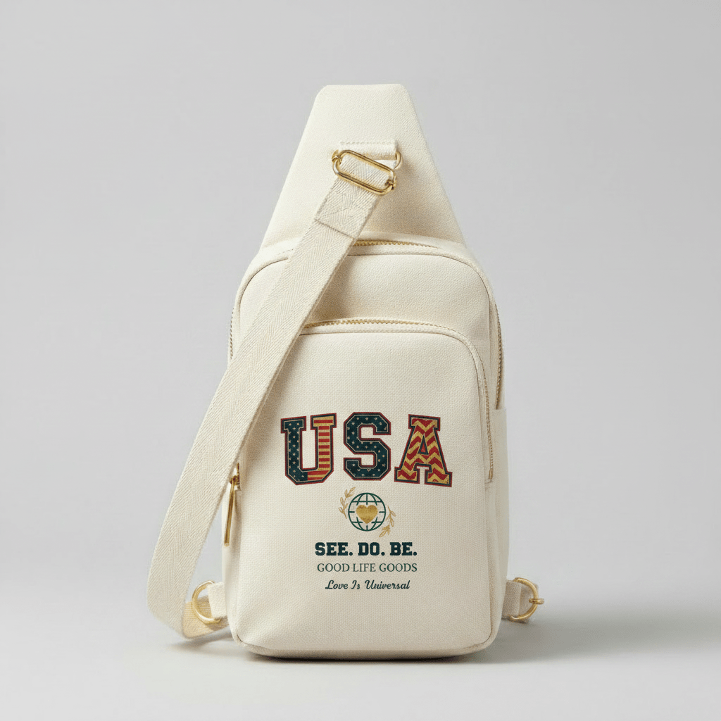 USA Explorer Sling Bag — Embroidered "SEE. DO. BE." Travel Crossbody - Good Life Goods