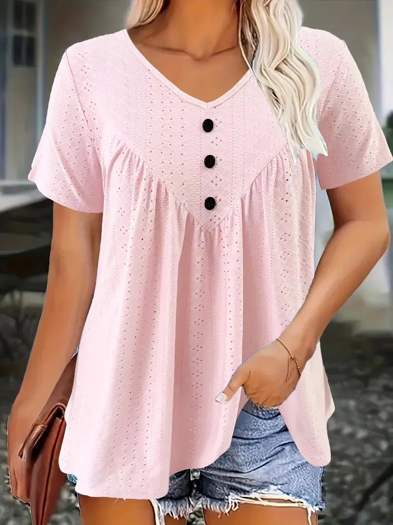 Women's Casual Short - Sleeve V - Neck Top – Soft Jacquard Button Detail - Good Life Goods
