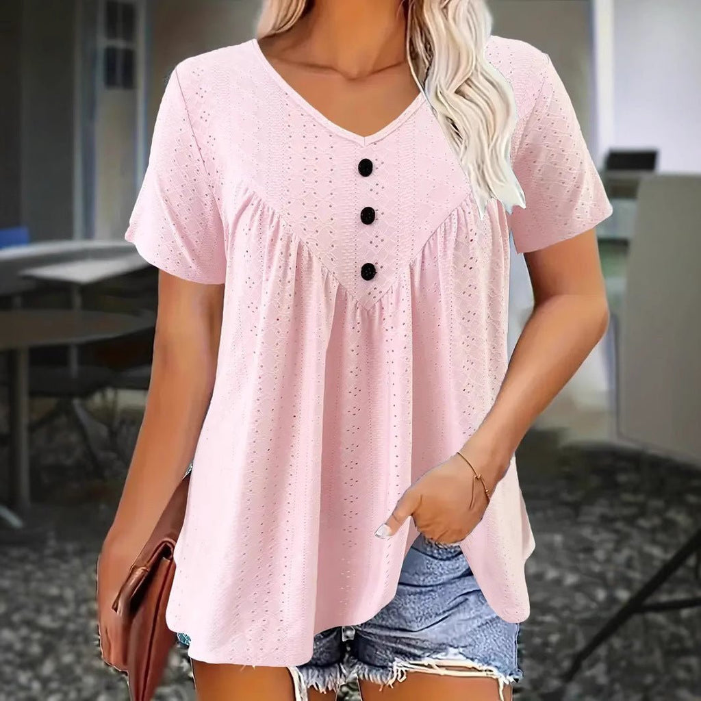Women's Casual Short - Sleeve V - Neck Top – Soft Jacquard Button Detail - Good Life Goods