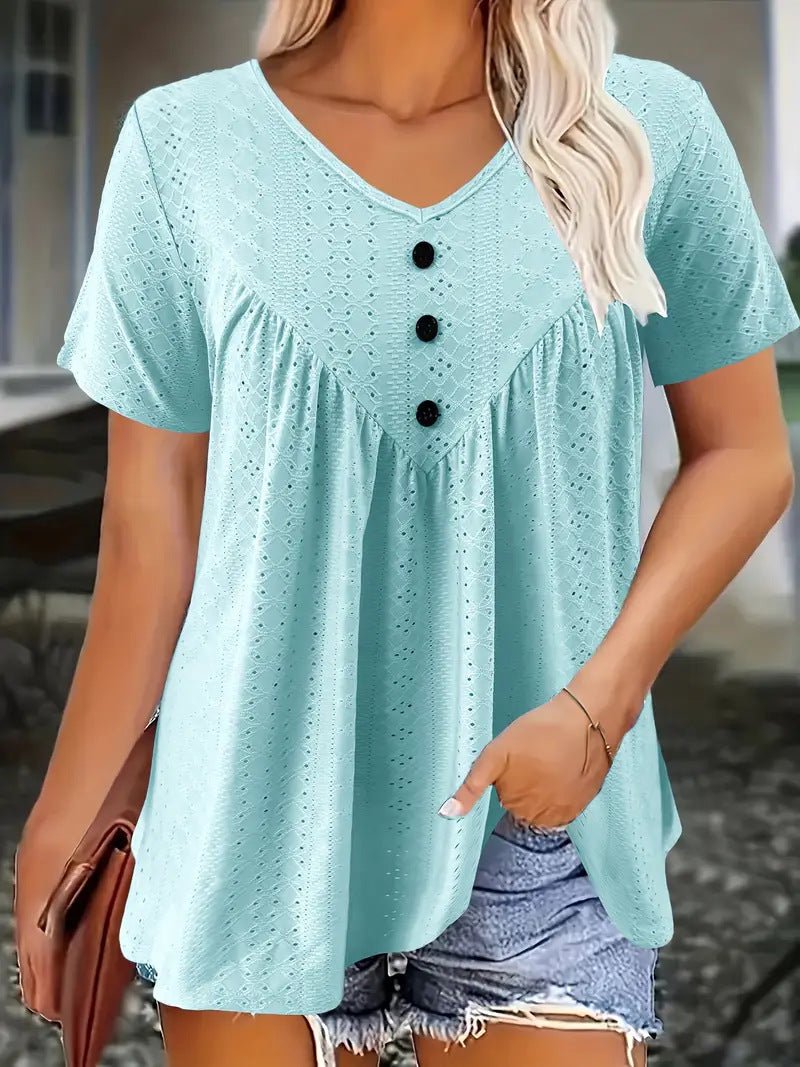 Women's Casual Short - Sleeve V - Neck Top – Soft Jacquard Button Detail - Good Life Goods