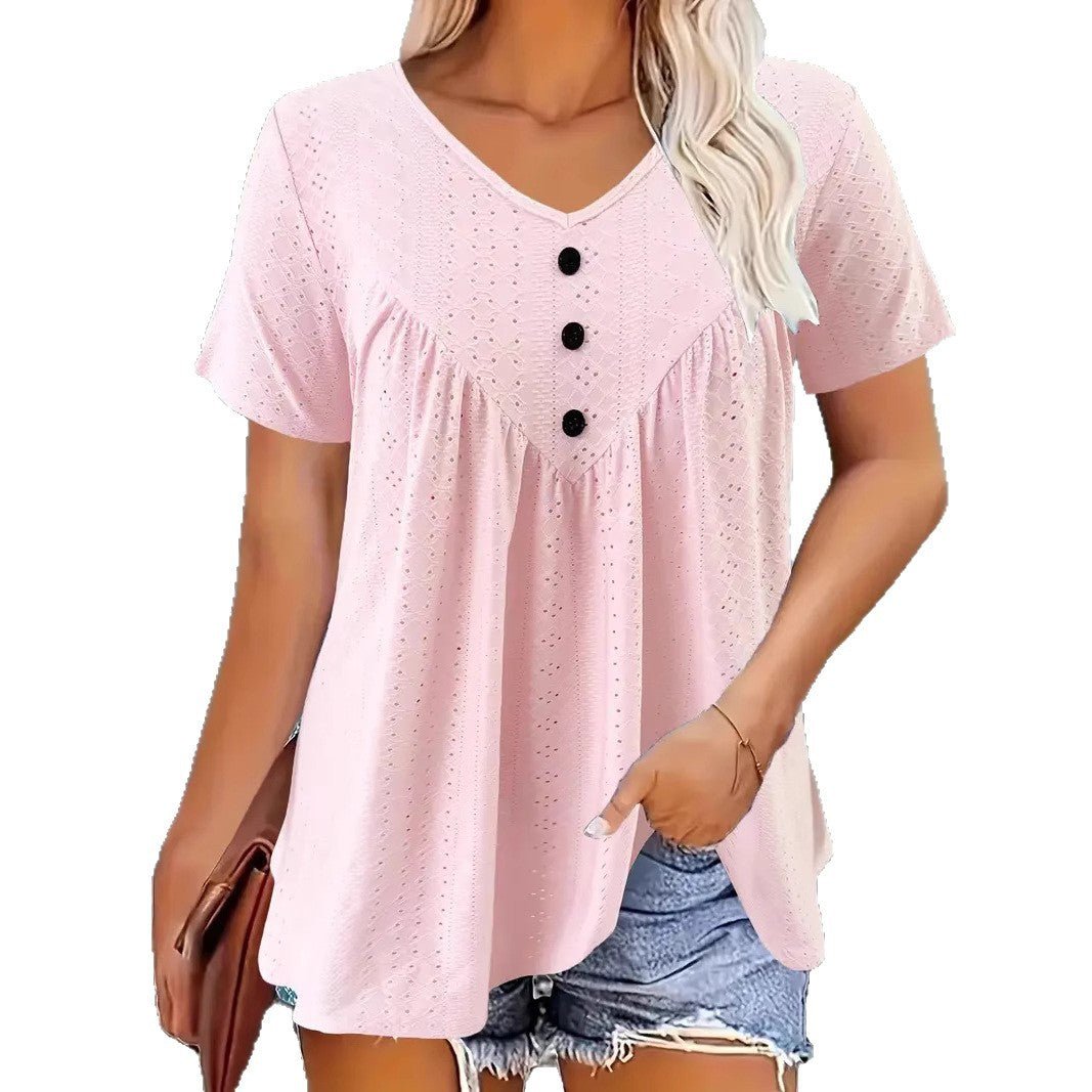 Women's Casual Short - Sleeve V - Neck Top – Soft Jacquard Button Detail - Good Life Goods