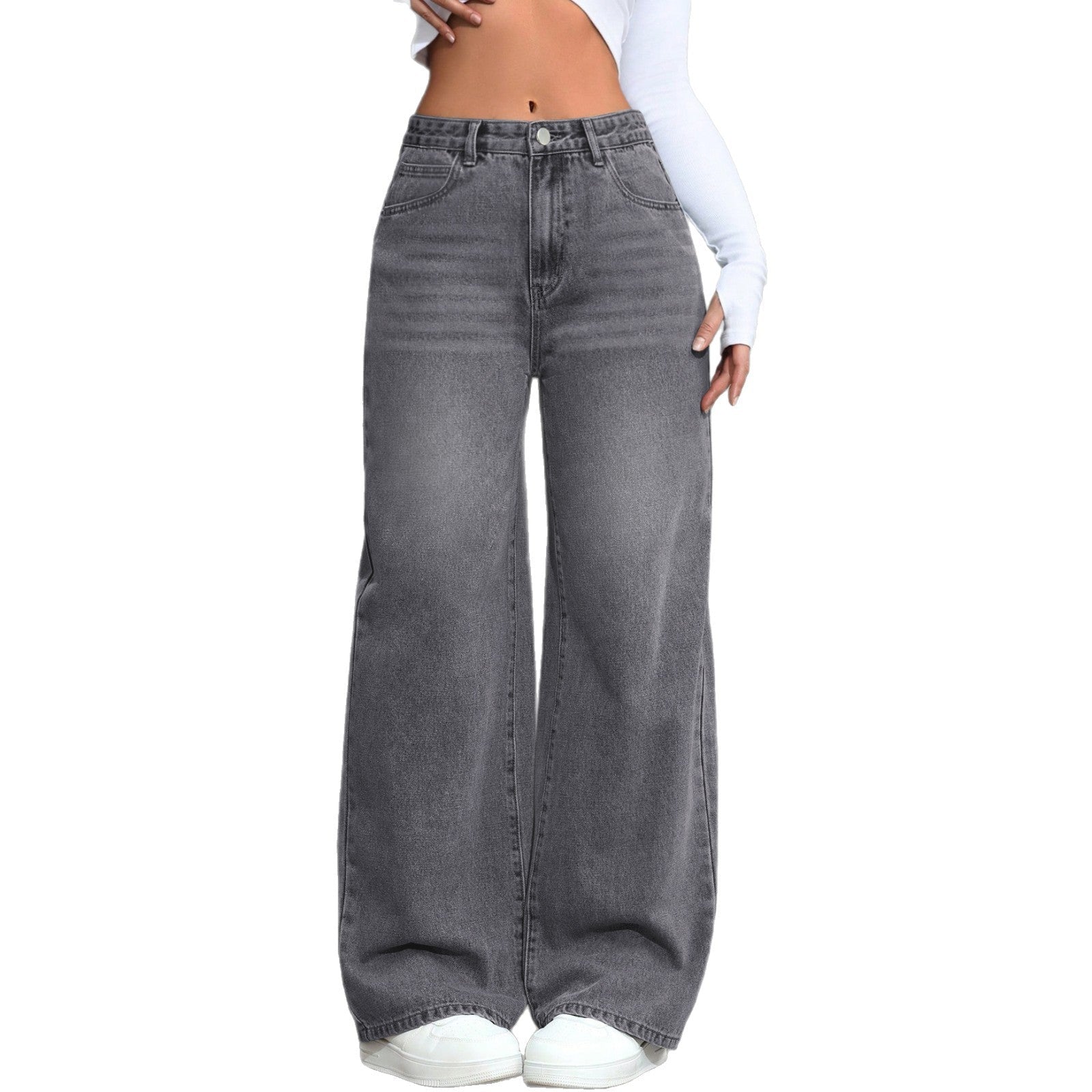 Women's Vintage Gray Washed Wide - Leg Jeans – Mid - Rise Straight Denim - Good Life Goods
