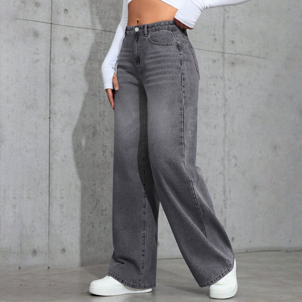 Women's Vintage Gray Washed Wide - Leg Jeans – Mid - Rise Straight Denim - Good Life Goods