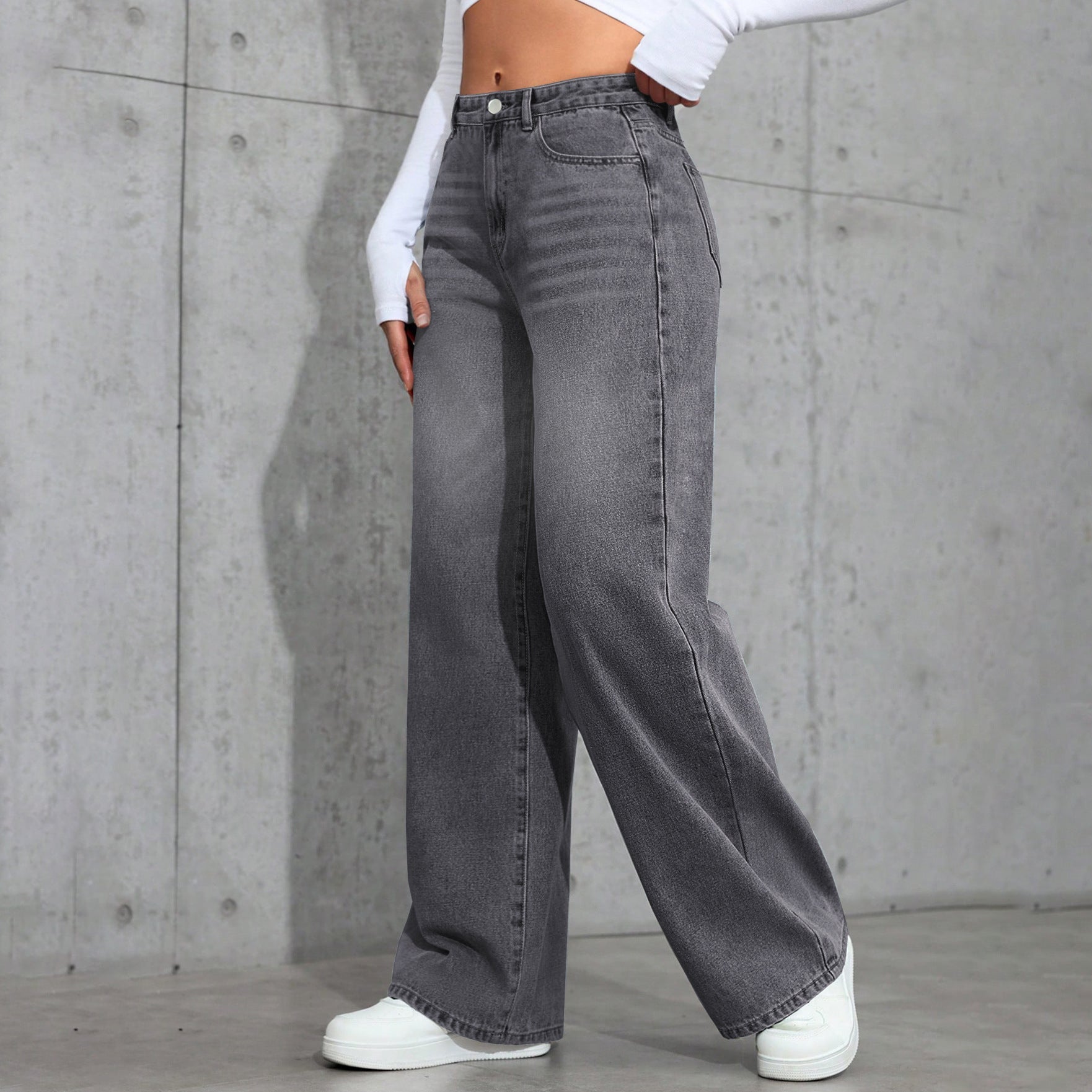 Women's Vintage Gray Washed Wide - Leg Jeans – Mid - Rise Straight Denim - Good Life Goods