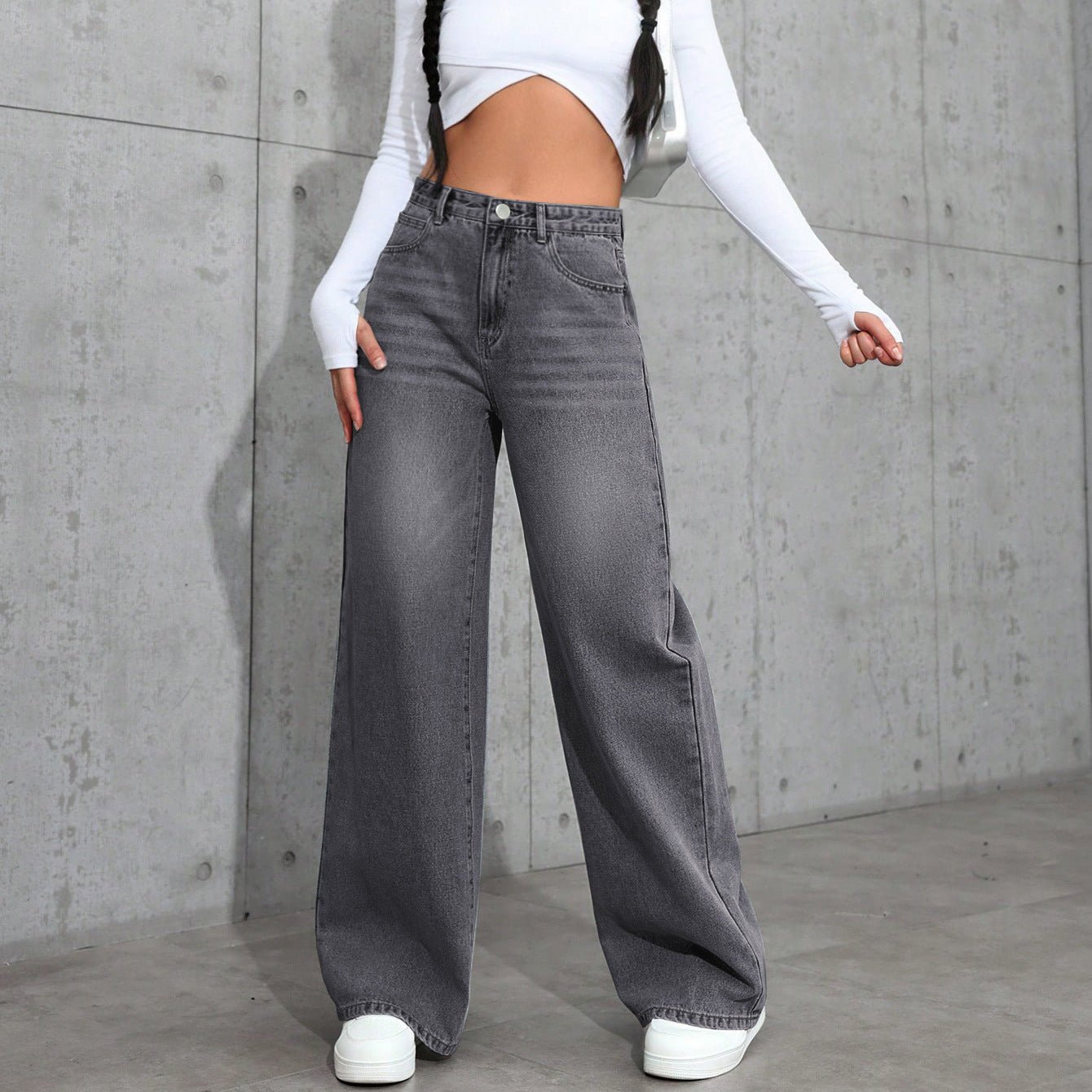 Women's Vintage Gray Washed Wide - Leg Jeans – Mid - Rise Straight Denim - Good Life Goods