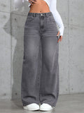 Women's Vintage Gray Washed Wide - Leg Jeans – Mid - Rise Straight Denim - Good Life Goods