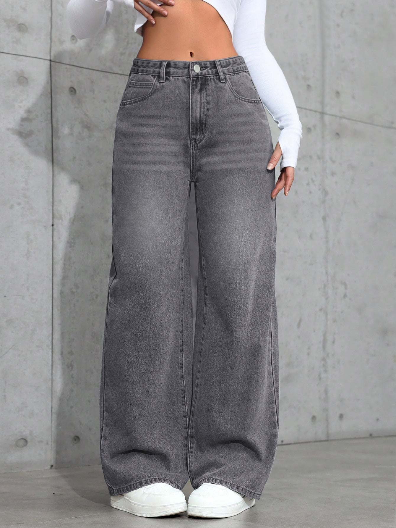 Women's Vintage Gray Washed Wide - Leg Jeans – Mid - Rise Straight Denim - Good Life Goods