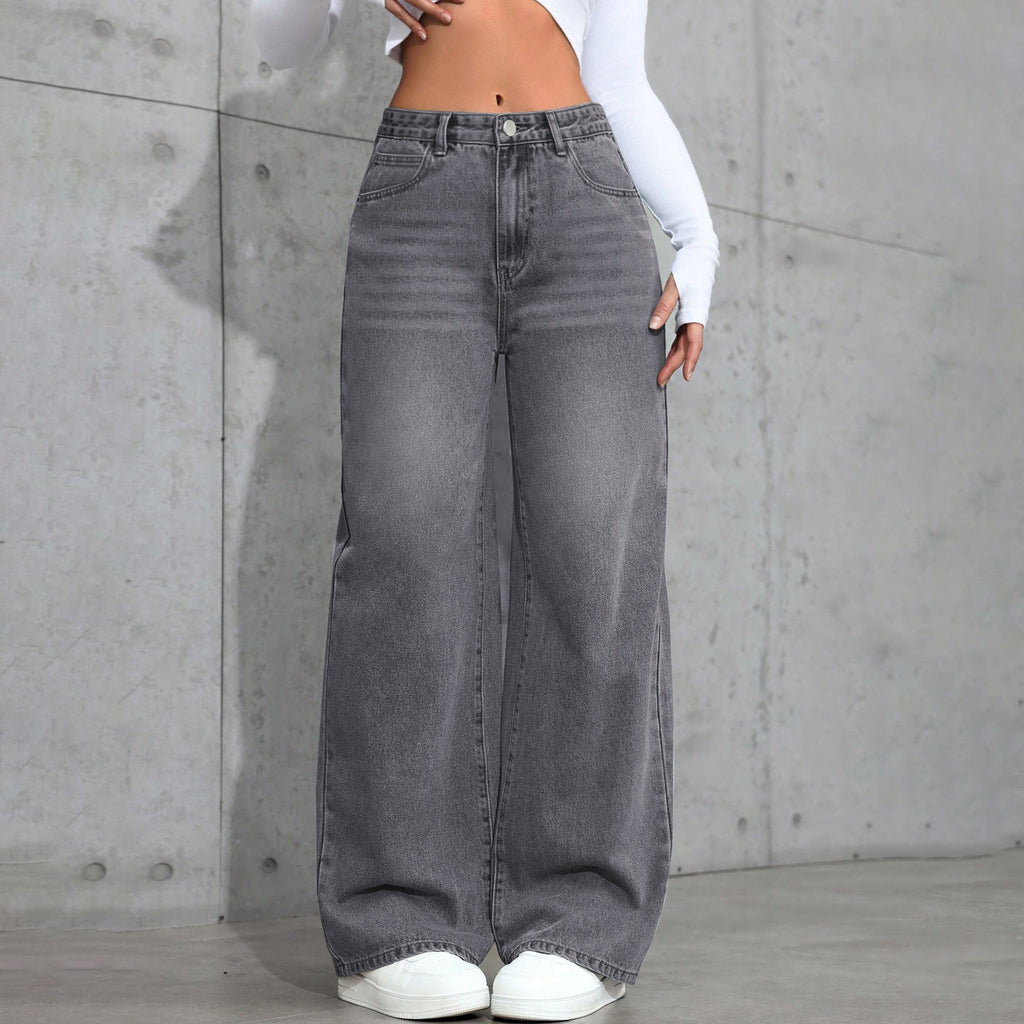 Women's Vintage Gray Washed Wide - Leg Jeans – Mid - Rise Straight Denim - Good Life Goods