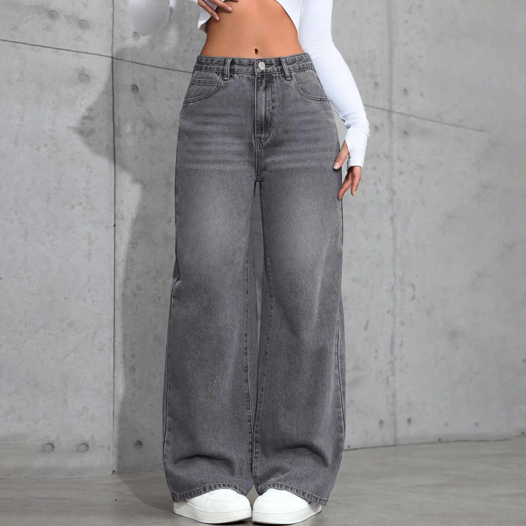 Women's Vintage Gray Washed Wide - Leg Jeans – Mid - Rise Straight Denim - Good Life Goods